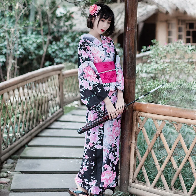 

Polyester Asian Ethnic Clothing pink kimono female Sakura Pattern bathrobe Japanese fireworks conference bathrobe + belt