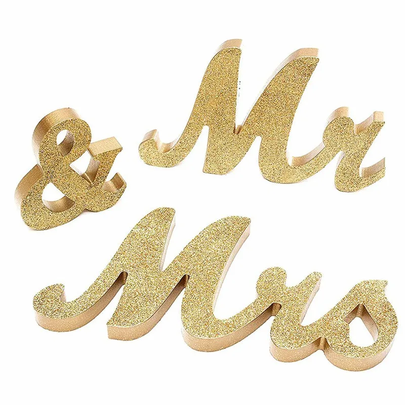 

Wooden Gold Glitter Mr & Mrs Signs, Letters Mr and Mrs Signs Wedding Sweetheart Table Decorations