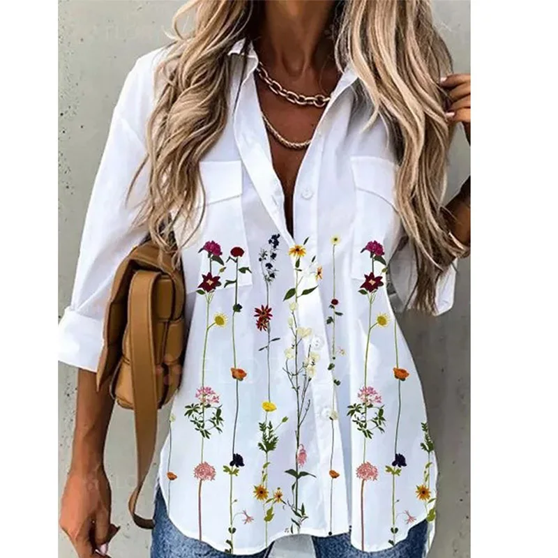 

Women's Casual Loose Tops Flower Print Long-sleeve Shirt Ladies Blouse Stand-up Collar Fashion Cardigan Pocket Top Spring 2022