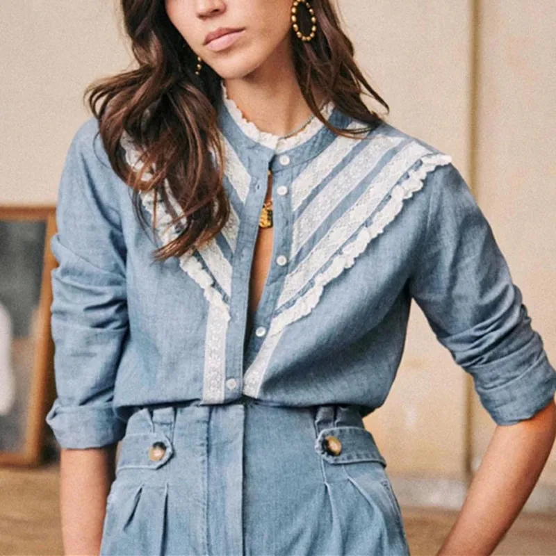 

2023 Spring Women Stand Collar Shirt Chemise Lace Stitching Long Sleeve Vintage Female Single Breasted Blouses