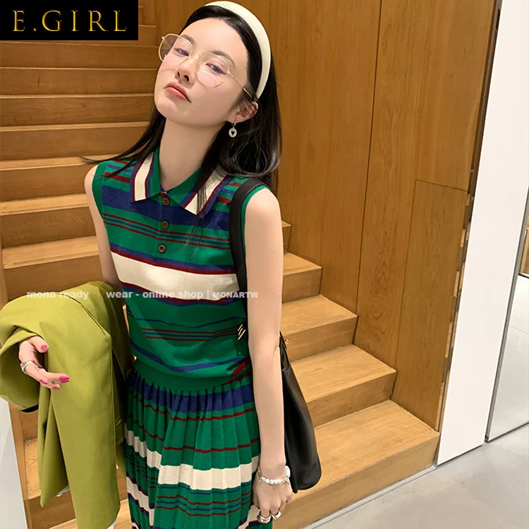 Korean academy chic wind collar stripe sleeveless sweater suits posed skirts dress a two-piece outfit