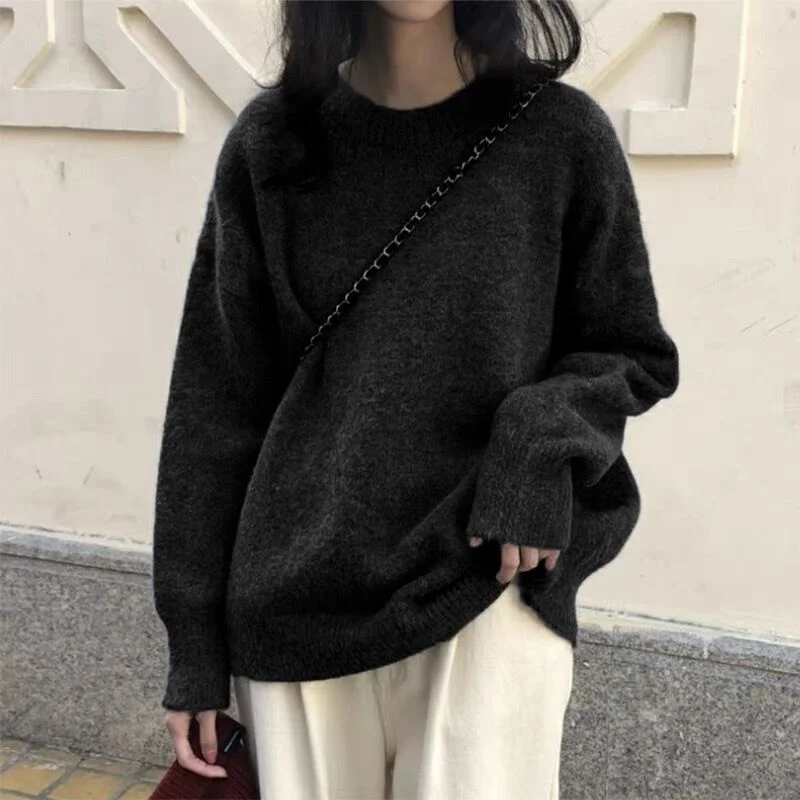 

Women's Winter Thick Cashmere Round Neck Solid Long Sleeve Sweater Fashion Korean Loose Lazy Style Pullover Bottoming Shirt
