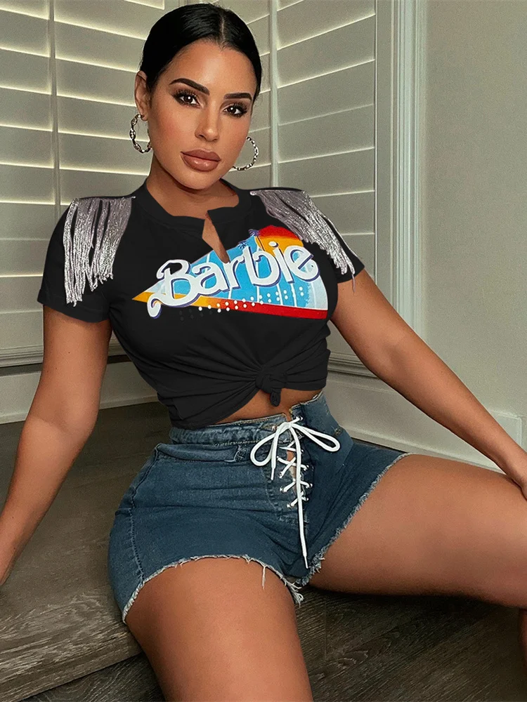 

Футболка Balogun женская с кисточками, укороченный топ с коротким рукавом, модная уличная одежда, с графическим принтом, лето 2022