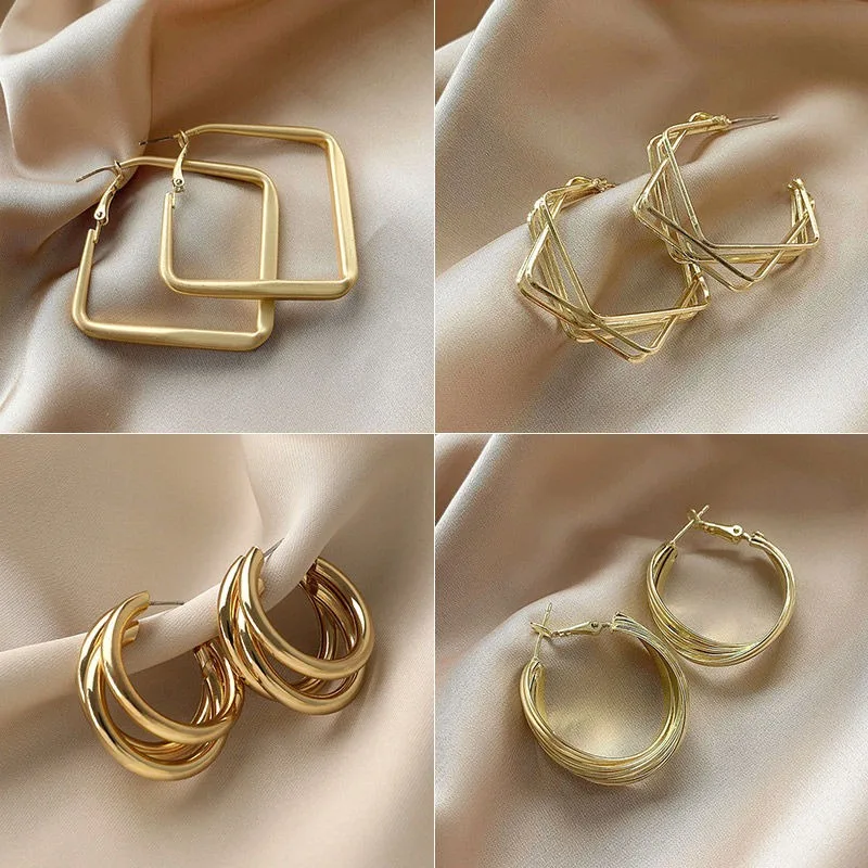 

2022 New Fashion Vintage Earrings For Women Geometric Metal Hoop Korean Jewelry Temperament Girl's Daily Wear Earrings Gold Stud
