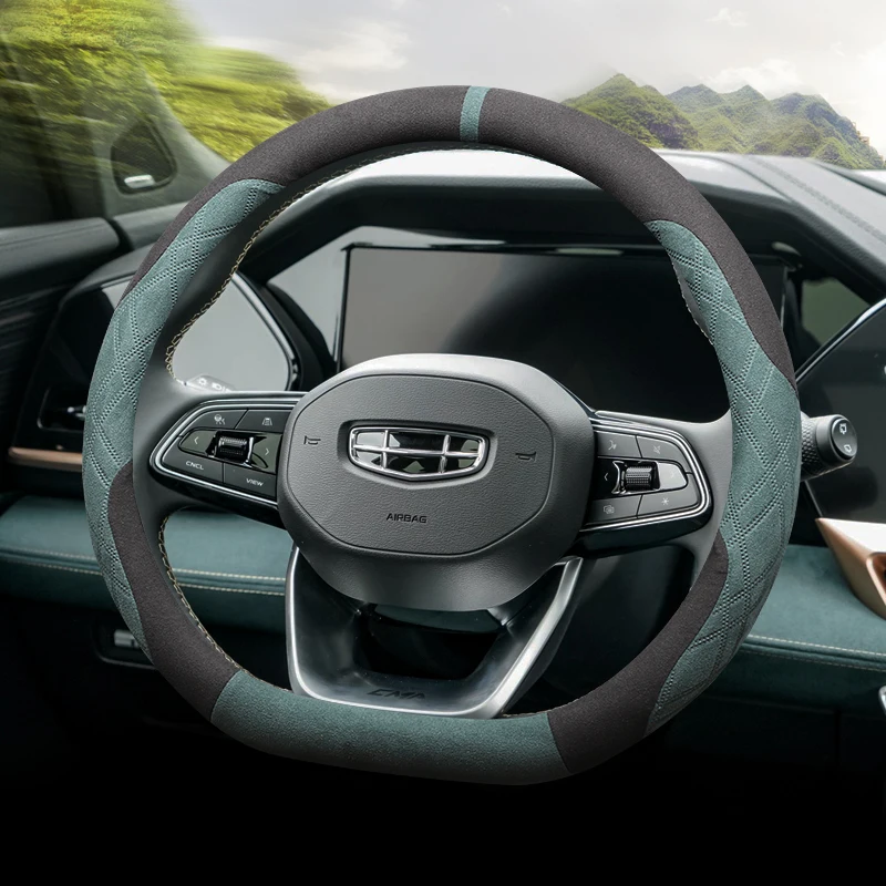 

Чехол на руль автомобиля для Geely Tugella Coolray Zeekr001, универсальный D-тип, аксессуары для салона автомобиля, замша, защита от пота, 38 см