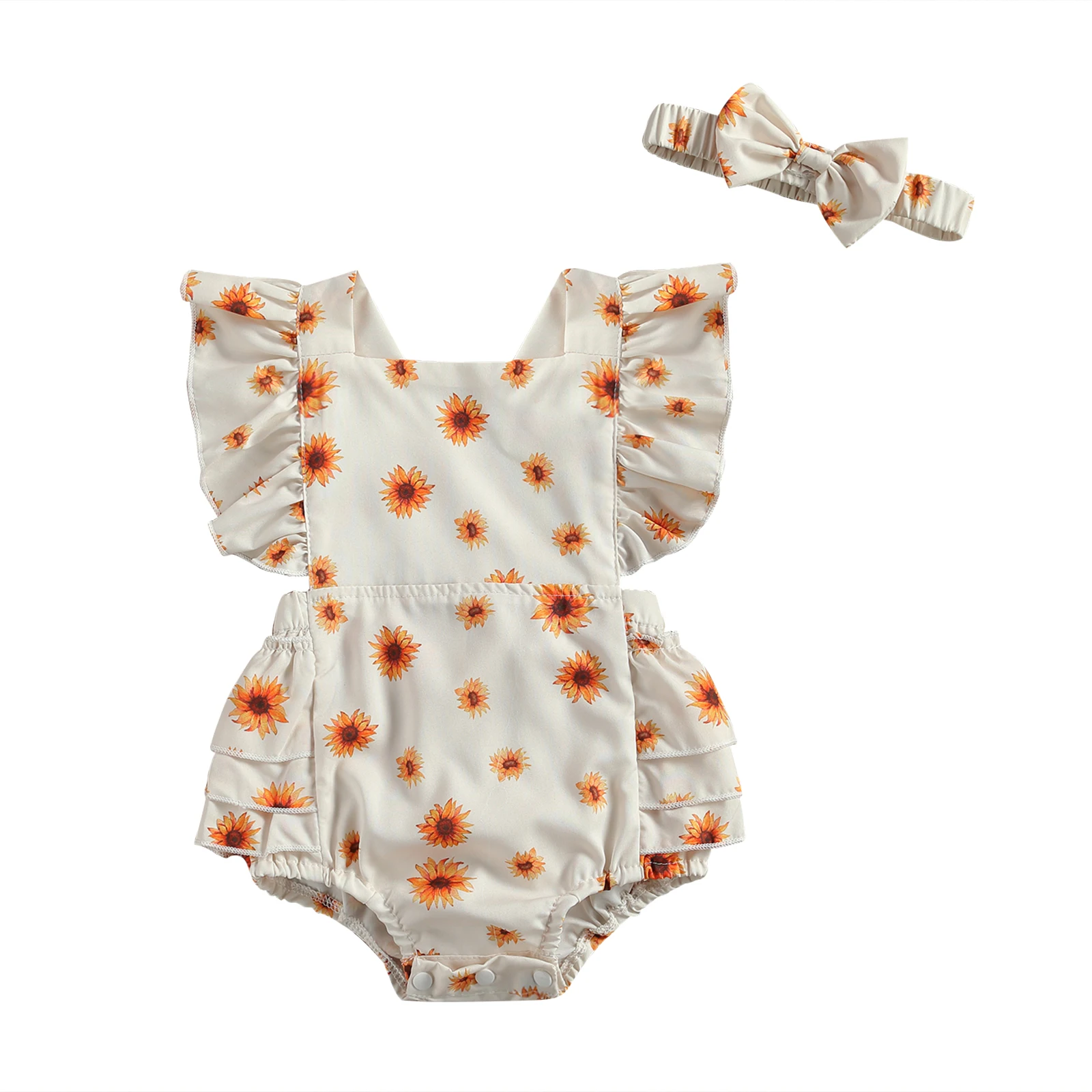 

0-24M Newborn Baby Girls Printed 2Pcs Romper Infant Fly Sleeve Square Neck Backless Rompers Headband Set Toddler Summer Clothing