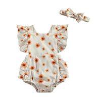 0 24m newborn baby girls printed 2pcs romper infant fly sleeve square neck backless rompers headband set toddler summer clothing