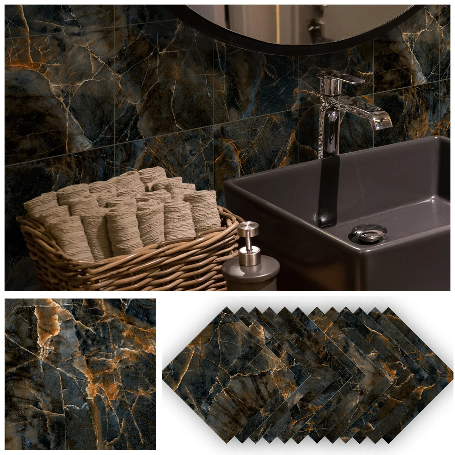 

Funlife® 12pcs Luxury Black Gold Marble Tile Stickers Kitchen Bathroom DIY Waterproof PVC Wall Stickers