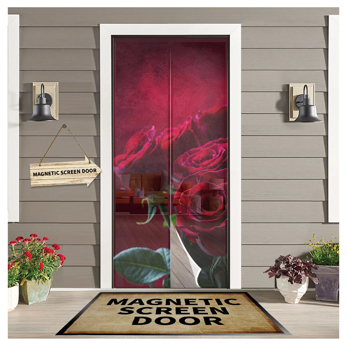 

Red Rose Summer Magnetic Anti-mosquito Screen Door Curtains Automatic Closing Kitchen Curtains Home