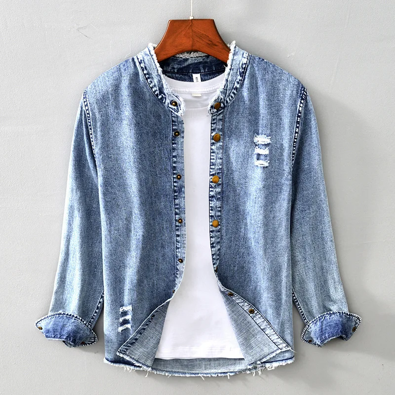 

Japanese Retro Old Washed Denim Shirt Mens 100% Cotton Comfortable Stand Collar Tops Personality Trend Long Sleeve Casual Shirts