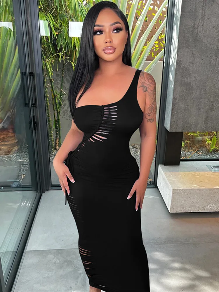 

WJFZQM Summer Black Maxi Dresses For Women Fashion Sexy One Shoulder Sleeveless Hollow Out Bodycon Dress Club Party Blue Dress