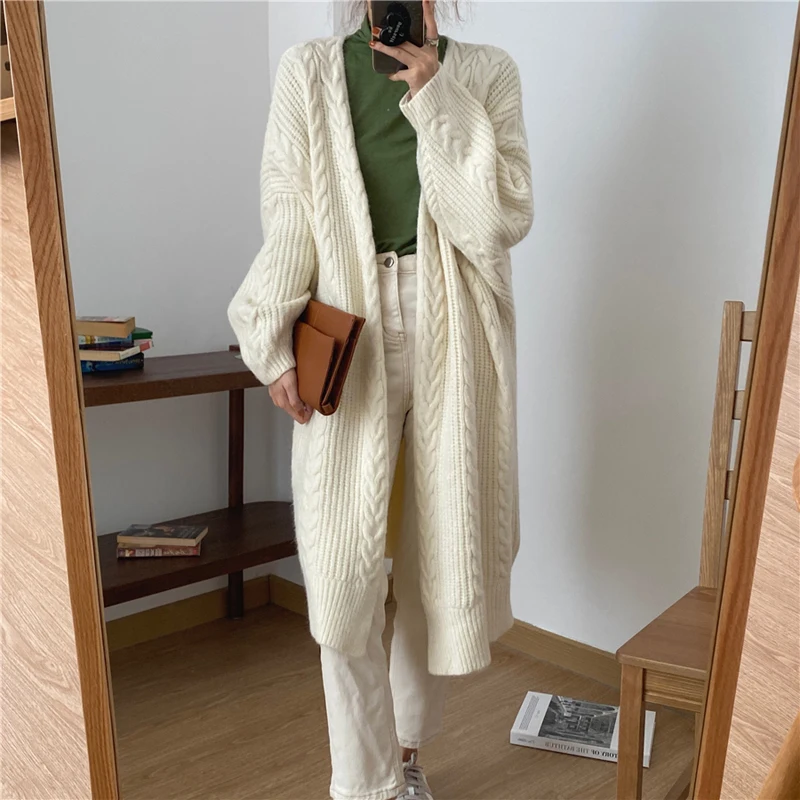 

Women Sweet White Retro Sweaters Chic Knitted Autumn Cardigans Korean Casual Solid Thicken Long Feminine Tops Soft Knitwear 2022