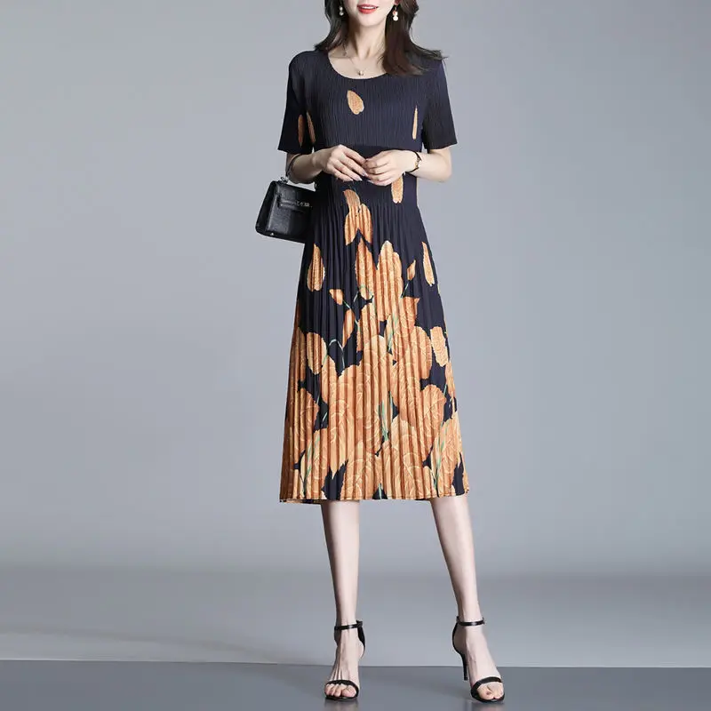 

Hepburn style temperament summer mid-length skirt fashion floral dress female 2022 new o neck short sleeve casual dress female