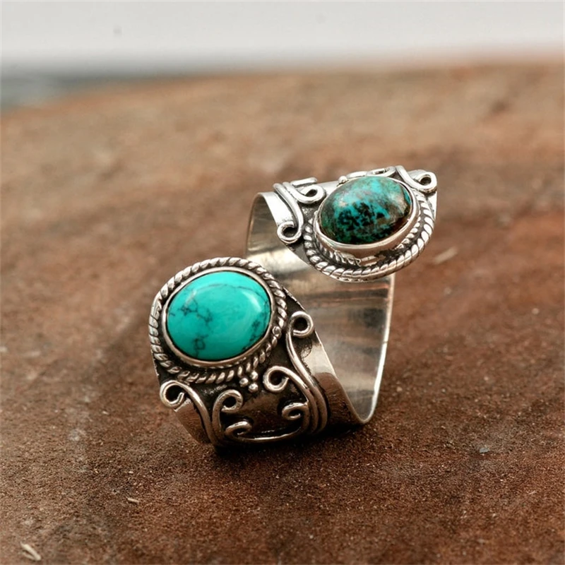 

Bohemia Style Inlaid Turquoise Texture Ring Vintage Simple Ladies Silver Color Metal Ring Engagement Wedding Party Gift Jewelry