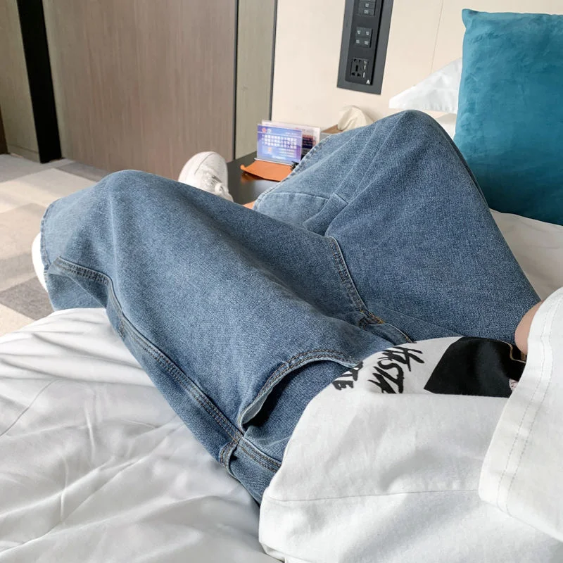 Summer Blue Cropped Jeans Men Fashion Casual Wide Leg Jeans Mens Streetwear Loose Hip Hop Straight Jeans Men Denim Shorts M-2XL