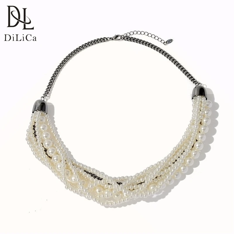 

DiLiCa Elegant Imitation Pearl Collar Necklace Choker White Simulated-Pearl Bib Statement Necklaces Women Party Jewelry