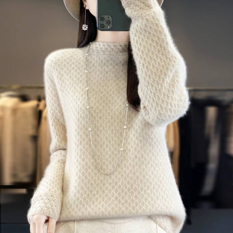 Женский вязаный свитер с полувысоким воротником однотонный свободный из 2024100%