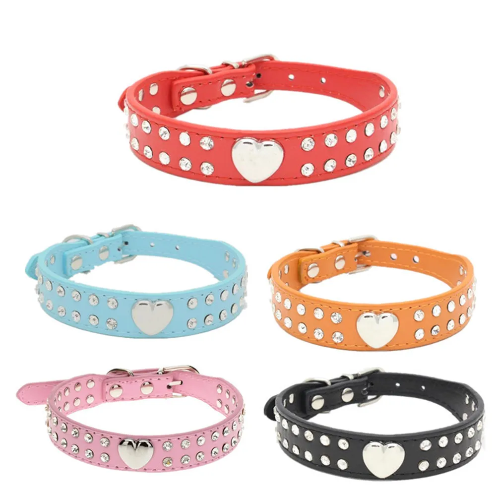 

Bling Rhinestone Pet Dog Collar Peach Heart Studded Puppy Cat Leather Necklace For Small Medium Dogs Cats Chihuahua Pug Yorkie
