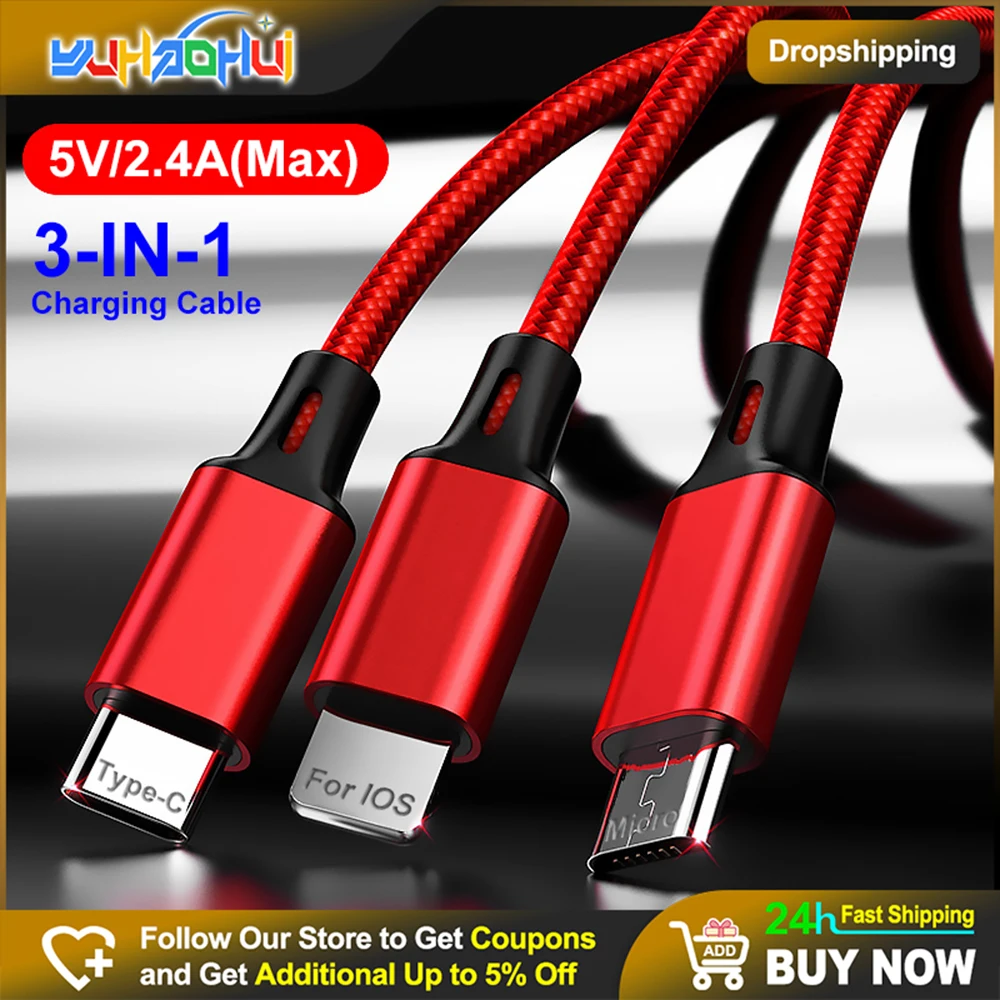 

USB A & C to 3-In-1 Charging Cable 2.4A(Max) Type-C Lightning Micro Line Car Travel Charging Wire for iPhone Xiaomi Huawei Phone