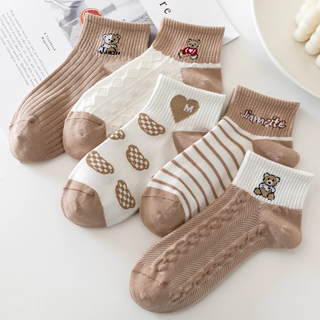 5 Pairs Socks Sets Women Elegant Retro Polyester Cotton Low Tube Women Socks Breathable Japanese Style Casual Cotton Short Sock