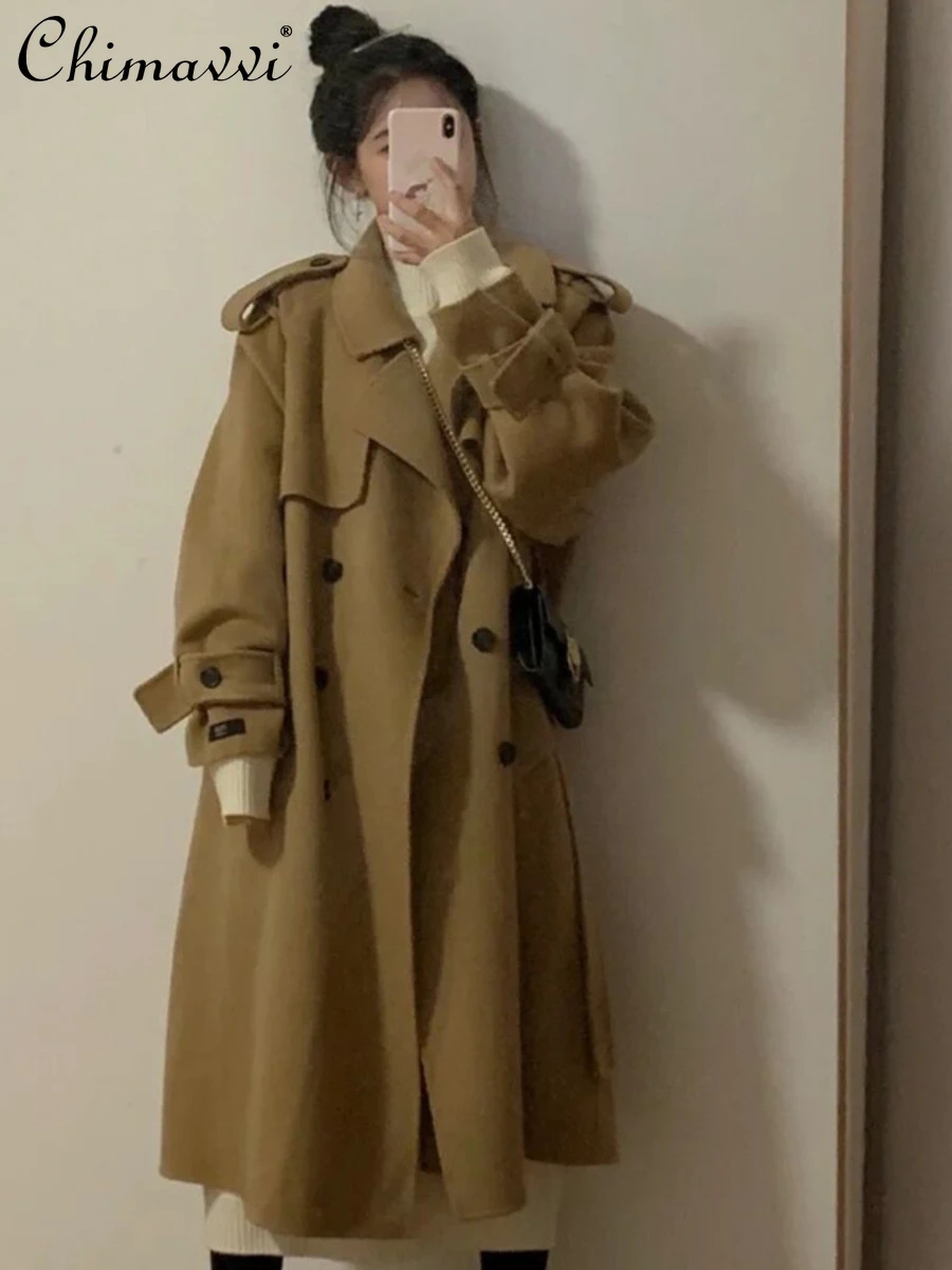 

Японское шерстяное пальто для женщин, новинка сезона осень-зима 2022, модное свободное приталенное элегантное женское шерстяное пальто средн...