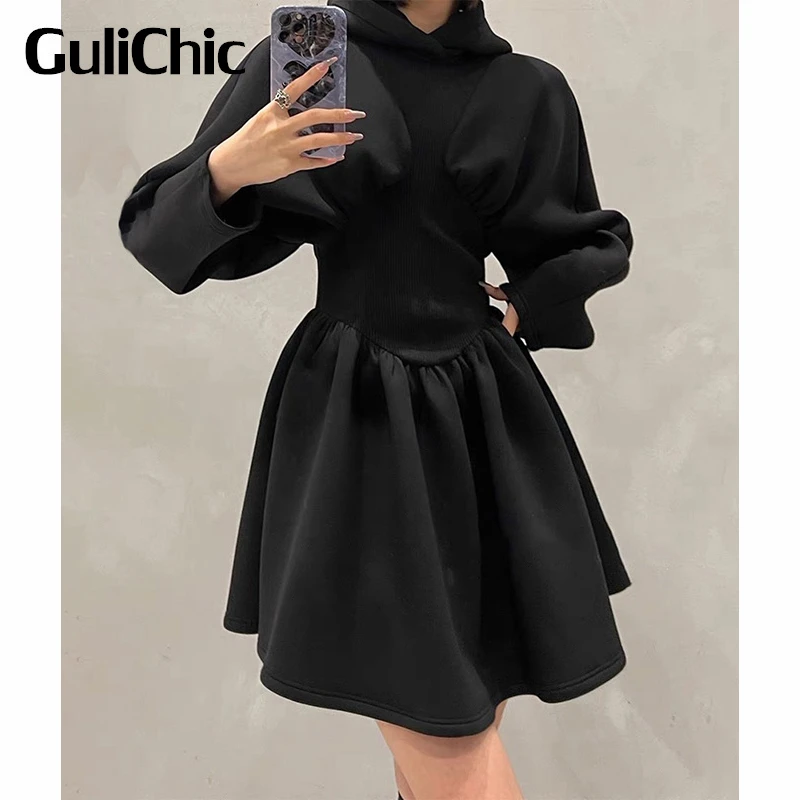 

10.10 GuliChic Women Casual Solid Color Cotton Collect Waist Slim Hooded Dress