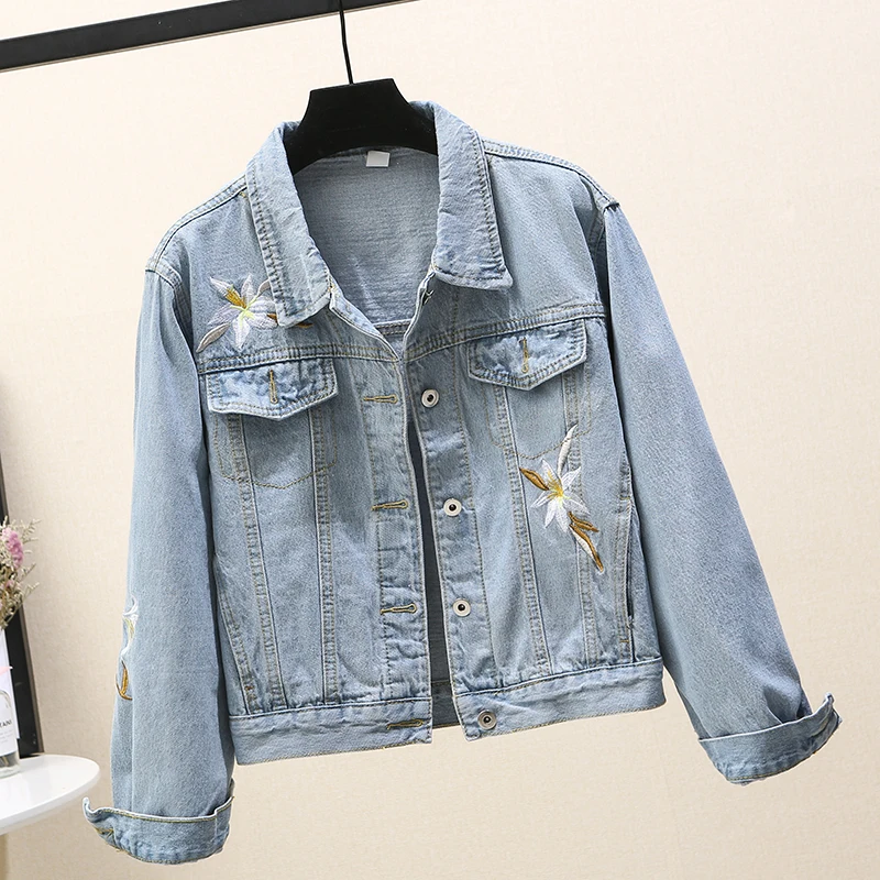 

Женская джинсовая куртка, демисезонные джинсовые куртки с цветочной вышивкой, новинка 2022, свободная повседневная Универсальная женская ве...