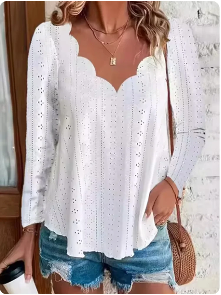 Модный волнистый топ с V-образным вырезом Женская Однотонная рубашка длинным