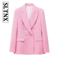 sltnx 2022 woman blazer autumn fashion textured double breasted blazer jacket casual all match lapel long sleeve outerwear