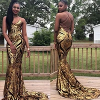 gold mermaid spaghetti strap royal evening dresses sleeveless party gown court train lace formal party 2022 new summer vestidos