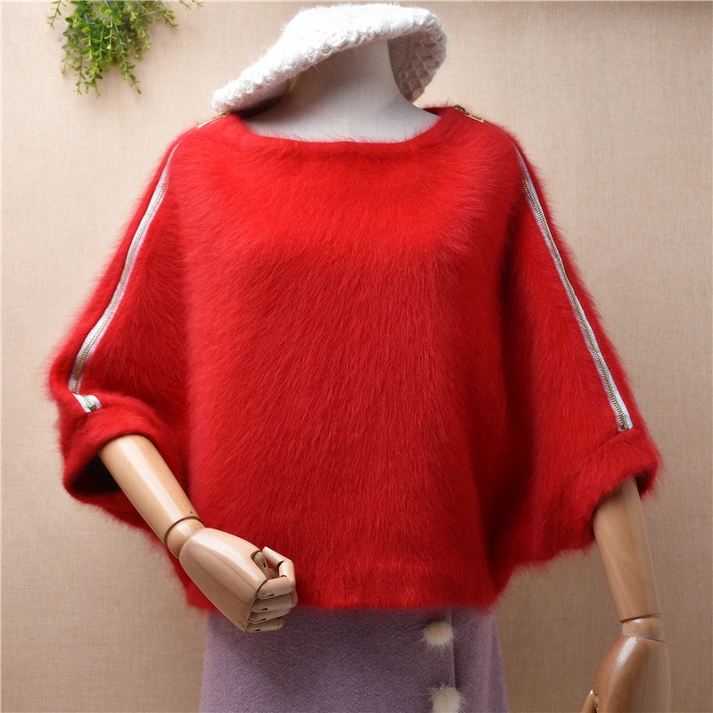 

Женская осенне-зимняя одежда из красной шерсти норки и кашемира, вязаный свитер на молнии с короткими рукавами «летучая мышь» из искусственной шерсти ангоры