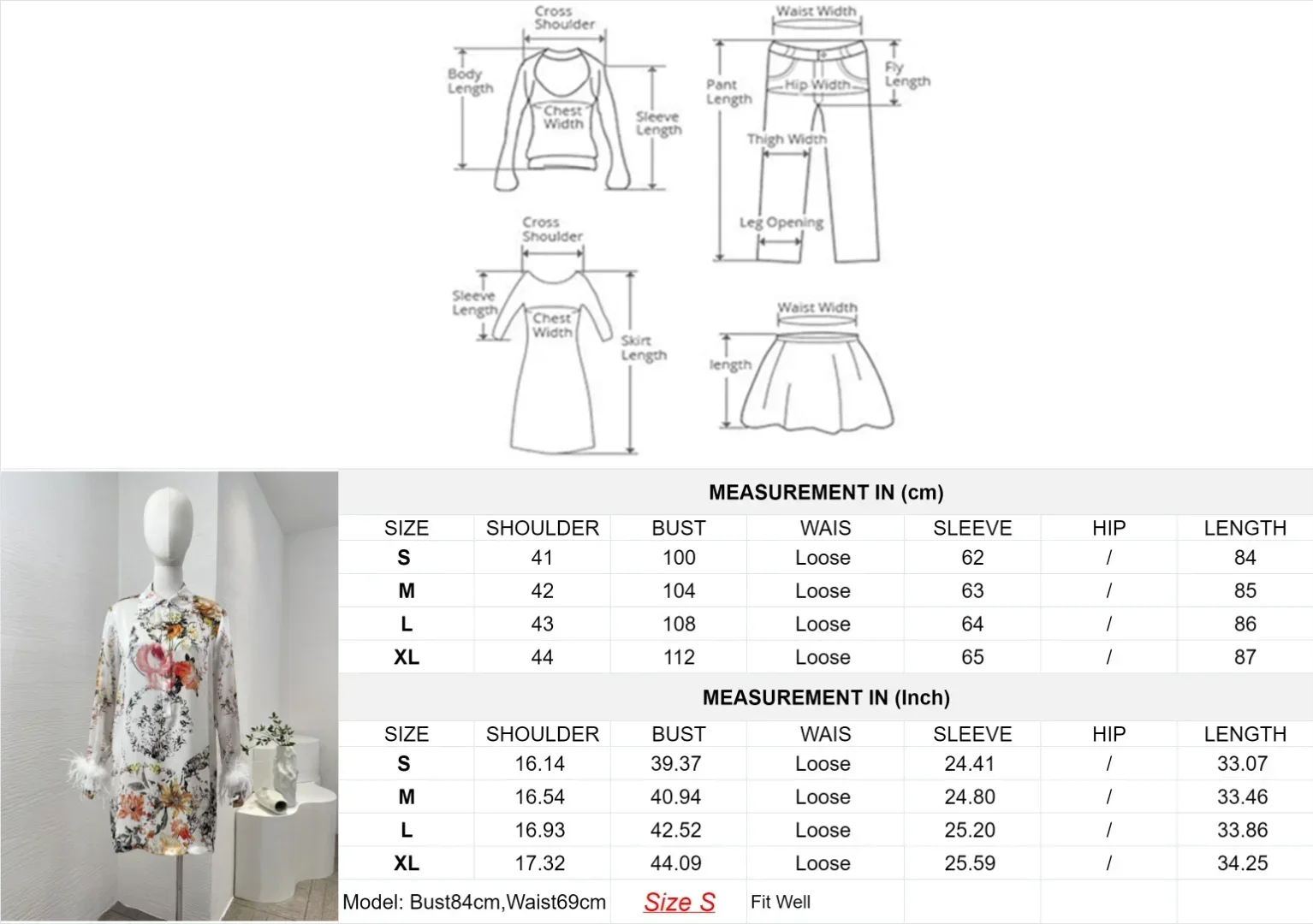 Женское белое мини-платье с длинными рукавами и цветочным принтом