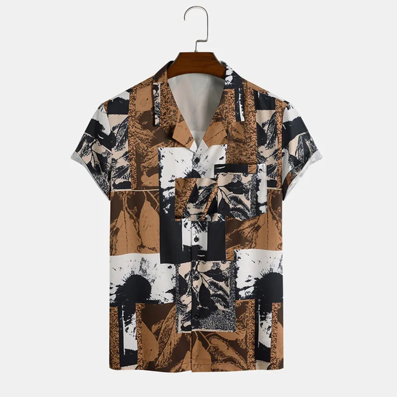 

2022 Summer Hawaiian Shirts Short Sleeve Ink Splash Printed Patchwork Casual Button Up Shirt Brown