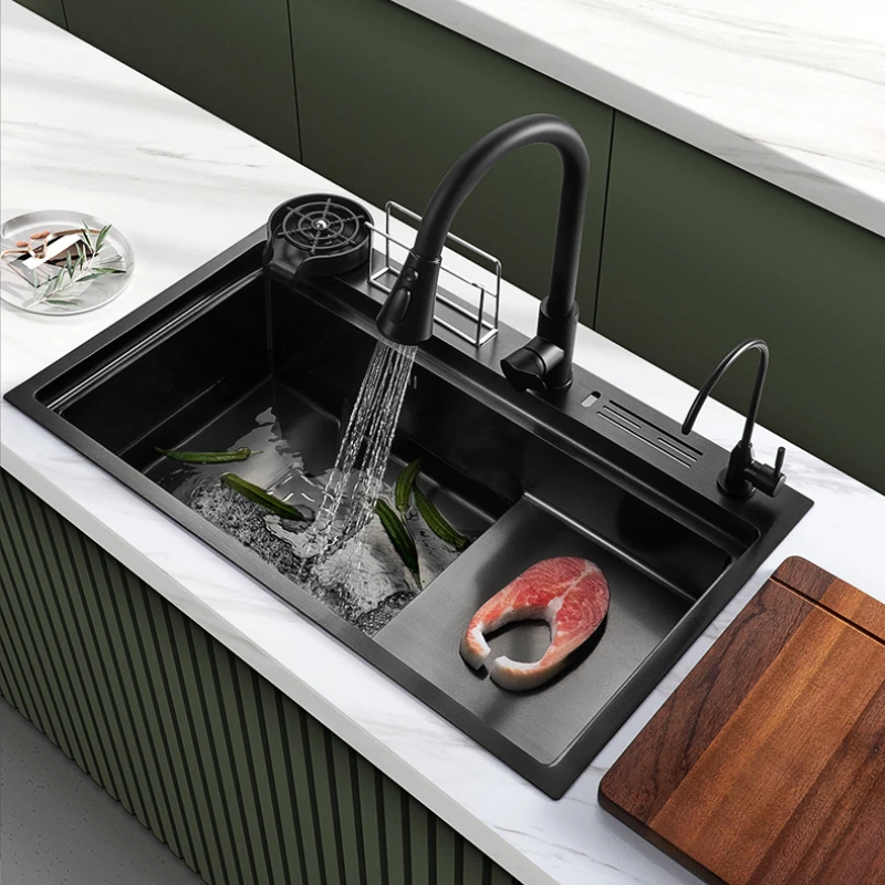 

Black Stepped Kitchen Sink Square Sink Stainless Steel Washbasin Single Slot Thickening Dishwashing Sink Home Lmprovement