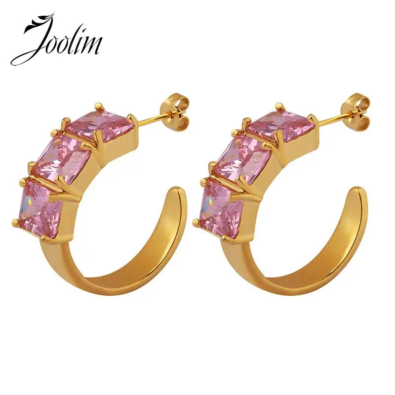 

Joolim High End PVD Wholesale No Fade Fashion Romantic C-shaped Sparkly Pink Zircon Hoop Stainless Steel Earring for Women