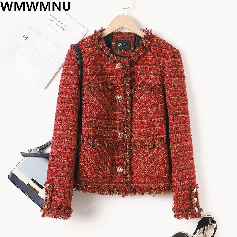 

Модное женское Короткое шерстяное повседневное пальто в красную клетку с кисточками, корейское винтажное классическое пальто, новинка