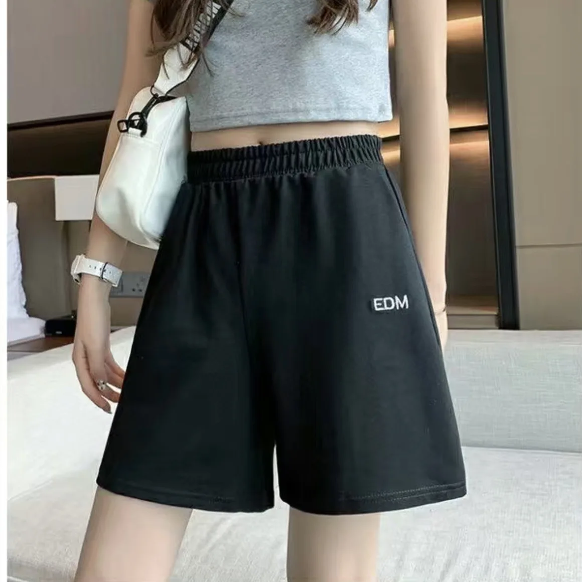 Summer Women Men Shorts Geometric Printing Loose Elastic Waist Sport Casual Solid Streetwear Korean Style