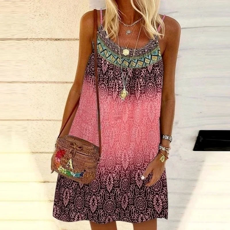 

Vintage Printed Women Dress 2022 Summer Spaghetti Strap Sundress Loose Sleeveless O-neck Mini Beach Dresses Female Vestidos