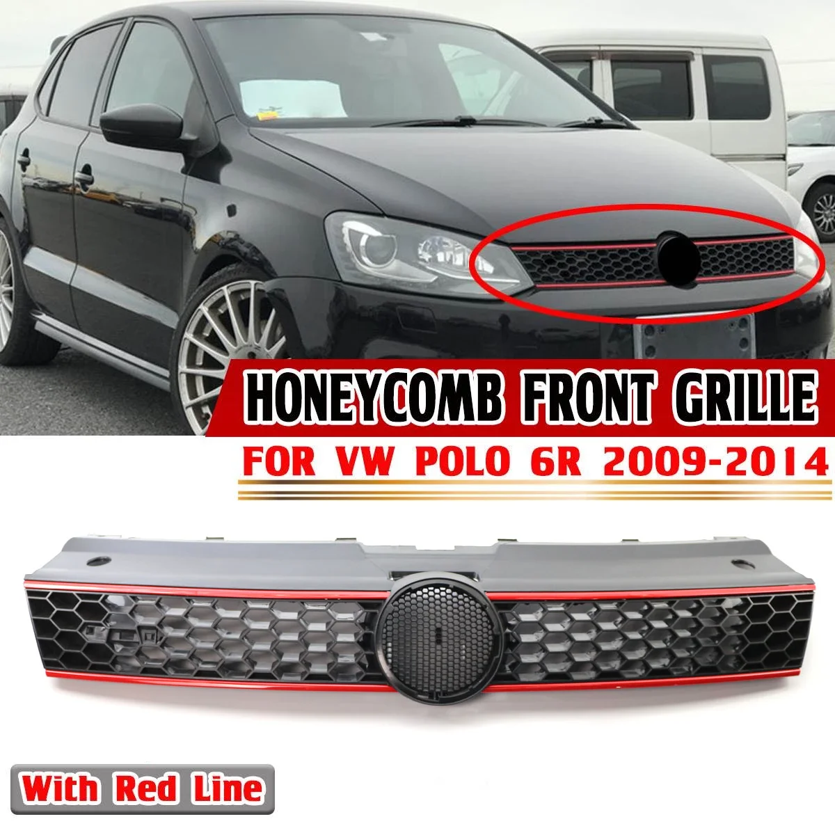 Стильная решетка радиатора переднего бампера Honeycomb Mesh GTI для Volkswagen VW POLO 6R 2009-2014 с гоночными решетками в центре.
