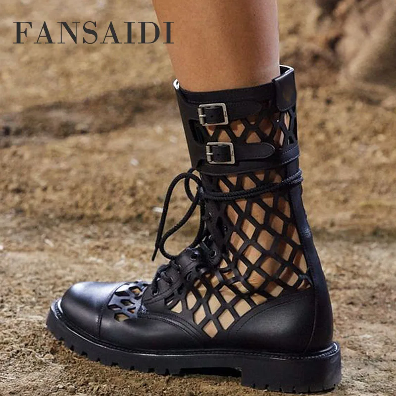 

FANSAIDI Ankle Boots Matin Boots Apricot Genuine Leather Flat Fashion Cross Tied Metal Chain White Ladies Boots40 41 42 43