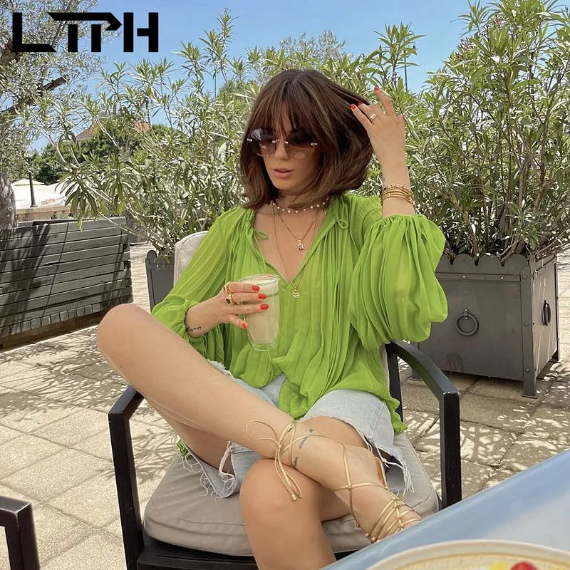 

LTPH elegant green blouse women loose casual streetwear long sleeve top thin folds pullover shirts 2022 summer new