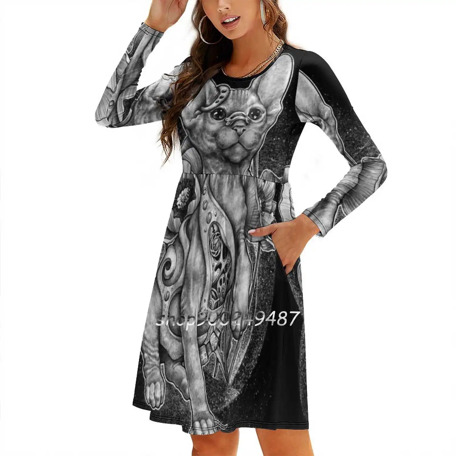 Rishama Steampunk Tattoo Cat Kitten Biomechanics Mechanics Elegant Party Women Dress Slim Multiple Styles Dresses Casual