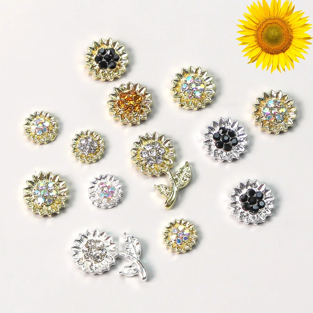 

10 Pieces Sunflower Nail Charms Metal Vintage flower Charm Alloy Gold Crystal Jewelry Craft Supplies for Nail Diy Making Silver