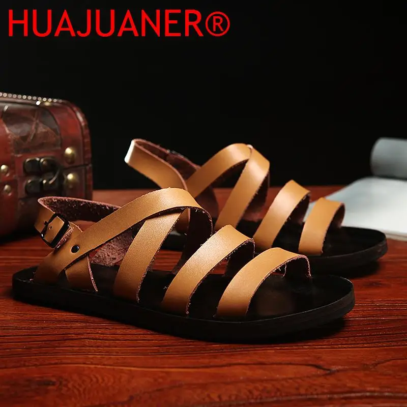 Сандалии мужские из натуральной кожи плоская подошва открытый носок Римский