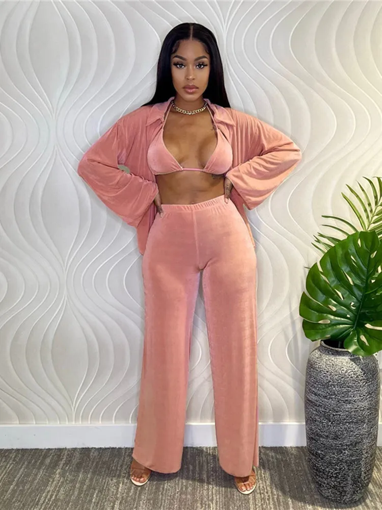 

Hirigin 3 Piece Set Women Loose Full Sleeve Shirt Tops And Wide Leg Pant Suits Sets Summer Solid Fashion Beach Holiday Outfits