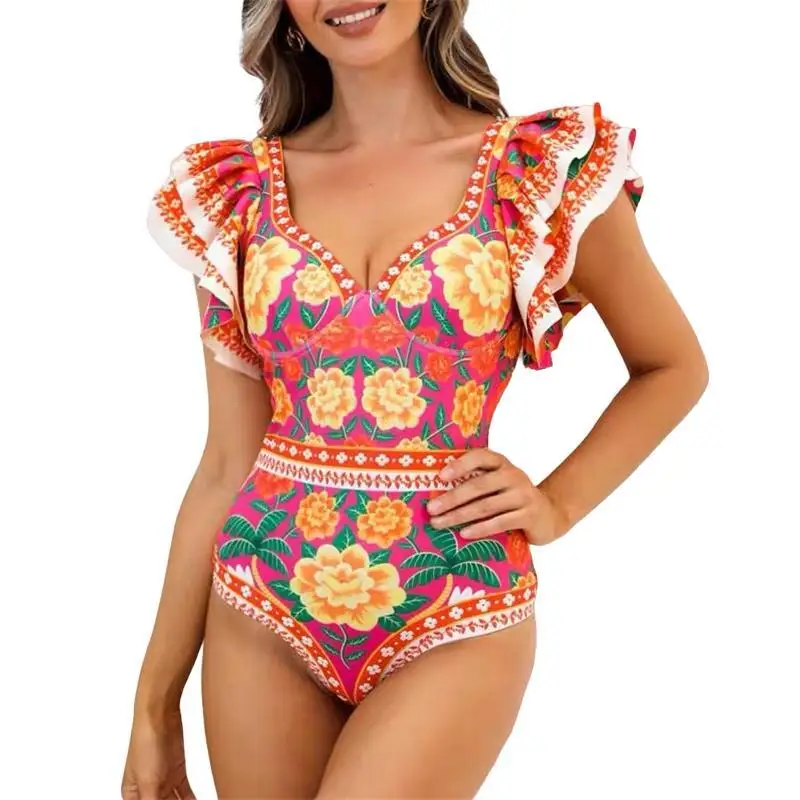 

Deep V Printed Ruffle One-Piece Swimwear Women Swimsuit Luxury Bikini Designer Bathing Suit Summer Surf Wear