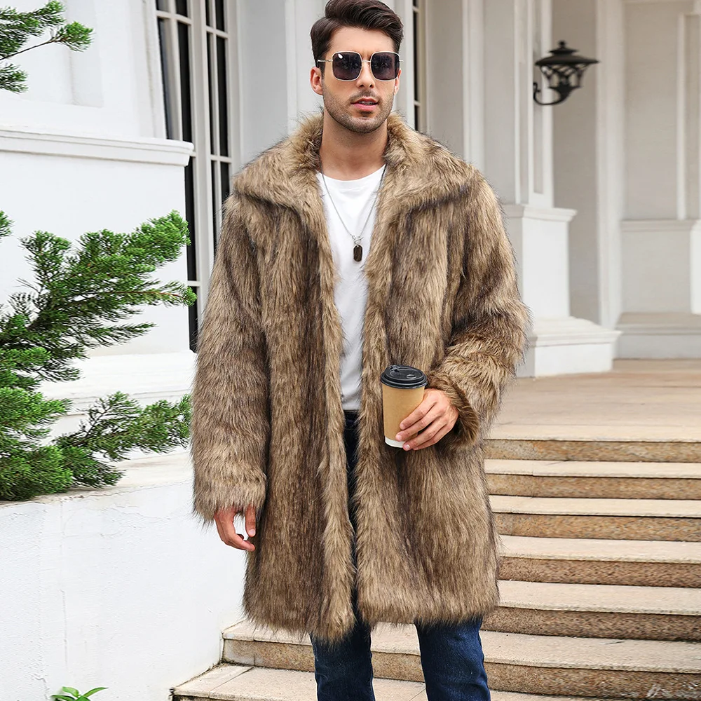 

Autumn and Winter New Faux Fur Coats Mens Square Collar Imitation Fur Long Coat Male Overcoats Fashion Casaco Masculino