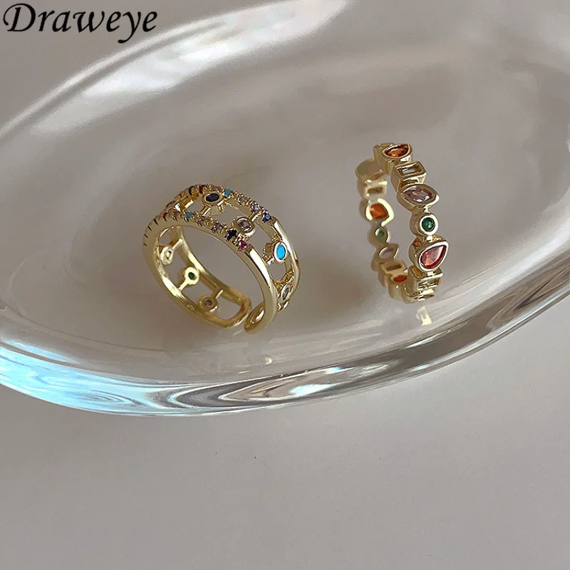 

Draweye Colorful Zirconia Rings for Women Shiny Hollow Out Metal Simple Jewelry Korean Fashion Sweet Anillos Mujer Forefinger