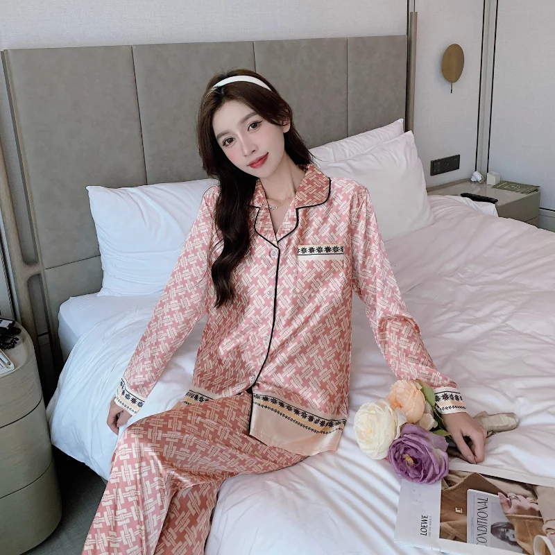 1 Ice Silk Pajamas Women's Spring and Autumn Long-sleeved Two-piece Thin Silk Home Service Silk Sexy Large Size Women's Pajamas