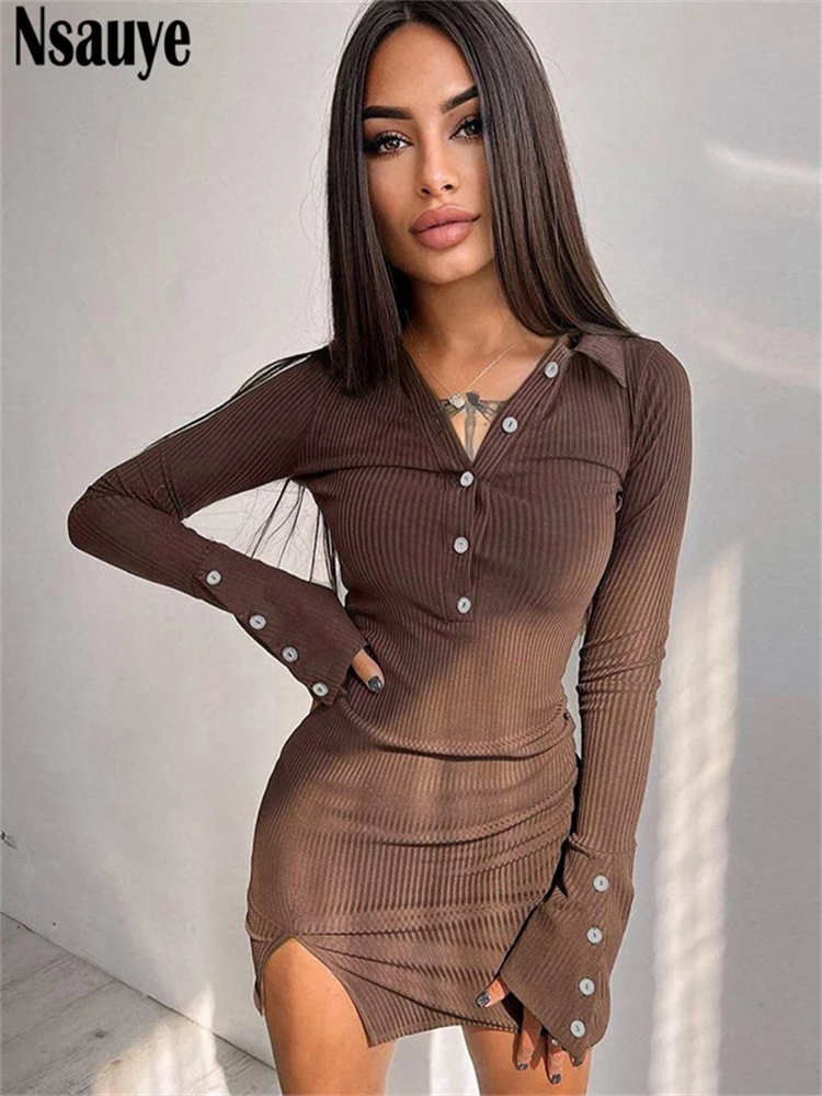Nsauye узкое с длинным рукавом 2022 осеннее коричневое модное мини Клубное